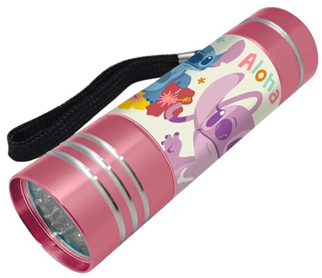 Disney Stitch Mini Linterna, Diseño Stitch y Angel Linterna, 9 LED, Incluye Corra de Muñeca, Regalo para Niños | Rosa