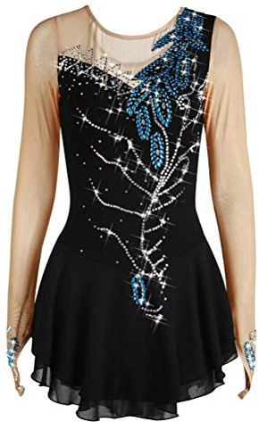 TJDWPRRD Eiskunstlauf Kleid Für Mädchen Frauen Wettbewerb Skatingrock Mit Strass Ballett Tanzkleidung Für Leistung Langarm EIS Tanzen Trainingskleidung,A,12_15Years