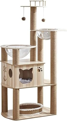 Arbre à chat – Centre d'activités moderne en bois multicouche avec corde en sisal, colonne à gratter robuste, lit nid doux et coussins amovibles pour chats et chatons