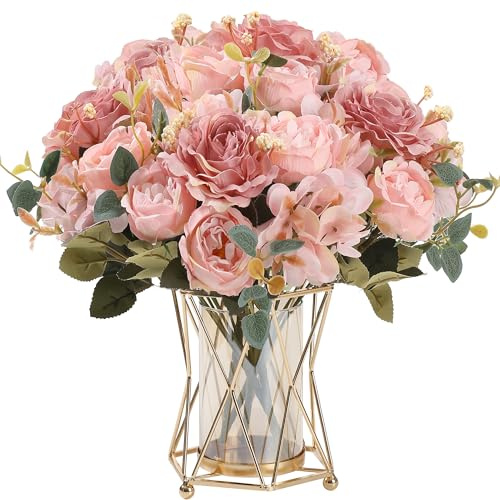 HNVNER 2 Bunches Artificial Silk Flowers Pink Fake Peony Flower Bouquet for Wedding Party Table Centerpieces Floral Arrangement Home Kitchen Decor