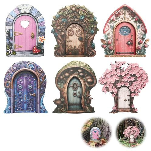 Xheanxu 6 Pcs Fairy Doors for Garden Trees, Miniature Gardens Elf Doors, Wooden Fairy Garden Accessories, for Tree, Fairys Gardens Ornaments Outdoor Decor for Potted Decoration (A)