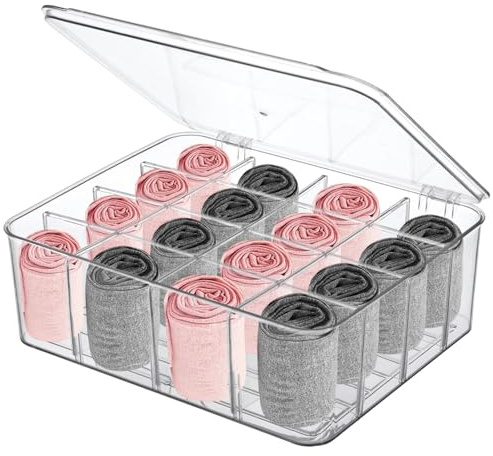 Caja de almacenamiento de plástico con 16 compartimentos para organizar calcetines, corbatas, bufandas, ropa interior y sujetadores, con separadores extraíbles y tapa