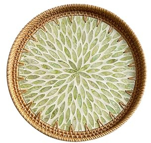 Round Rattan Tray with Mother of Pearl Inlay, Decorative Basket for Coffee, Wicker Serving Tray with Wooden Base, Bread, Fruit, Food Storage and Table Display (D)
