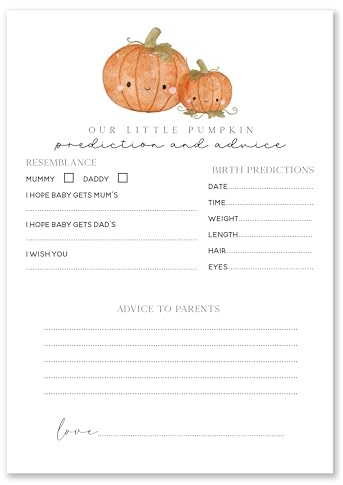 Baby Shower Prediction Cards, Little Pumpkin Theme, A5 Size, Pack of 15, Birth Advice Game Cards