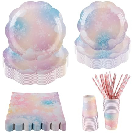 PHUNAT Frozen Party Supplies for 25 Guests, 125PCS Party Tableware Set with 7 & 9 Inch Snowflake Paper Plates, Cups, Napkins & Straws, Ideal for Christmas, Birthday, Winter Theme Celebration