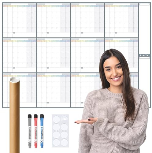 XL Yearly Reusable Wall Planner Calendar A0 (119 x 84cm) Undated Erasable Laminated Rolled Annual Wall Calendar Chart No Creases Includes Dry Wipe Pens & Adhesive Pads Home Classroom Office by Planvia