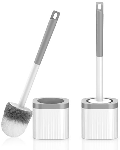 EZKEY Toilet Brushes, 2 Pack Toilet Brush and Holder Set with Nylon Bristles Toilet Bowl Brush Compact Hidden Scrubber Brushes for Bathroom Deep Cleaning, Grey & White