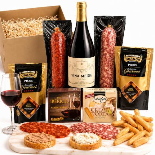 Cesta Gourmet para Regalar ACROL, Vino tinto 75 cl, Chorizo primera, Salchichón, crema torta de Cabra, paté iberico al Pedro Ximénez y picos artesanos, regalo original hombre, regalos hombre