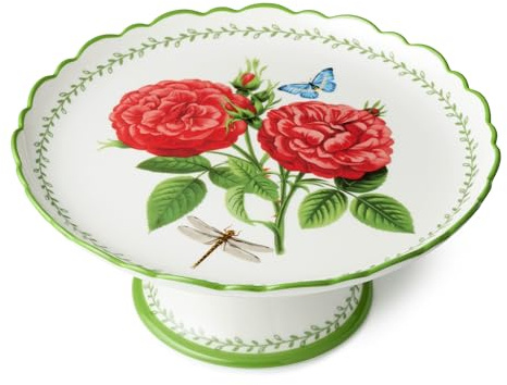 Mirabella Porcelain CAKE STAND, elegant 11.25 x 4.75 inch pedestal stand with floral artwork and butterflies, perfect for cakes, cupcakes, pastries, desserts, entertaining and coordinated table