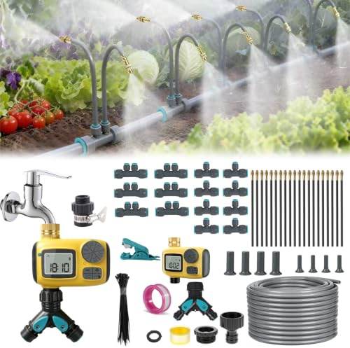 Sistema de riego Micro Drip System 30M con temporizador y 20 boquillas, sistema de riego automático de jardín de 360°, adecuado para plantas de jardín, macizos de flores, jardines, plantas en macetas