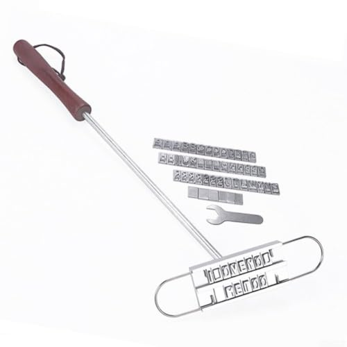 Meat Branding Iron Set con 55 letras – Sello de alimentos personalizado para filetes – Accesorios de barbacoa con mango de madera – 27 cm de largo, color plateado