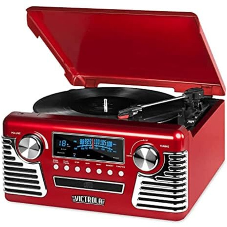 Victrola Haley Retro Bluetooth Record Player & Multimedia Center with Built-in Speakers - 3-Speed Turntable, CD Player, AM/FM Radio, 3.5mm Aux-In, Wireless Music Streaming, Red