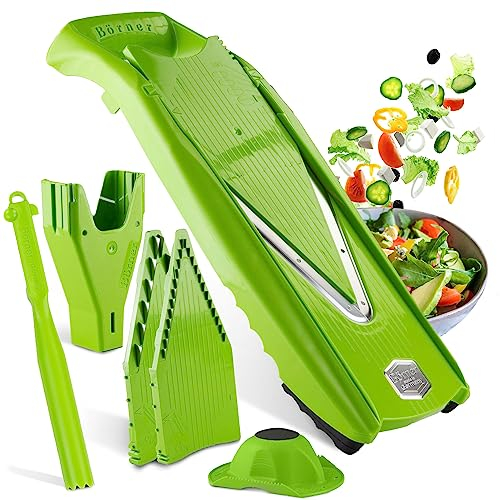 Börner Cortador de Verduras V5 (Set Plus) • Mandolina en V Ajustable con Cuchillas de Acero Inoxidable • Con varios Accesorios + Pelador • CCortar Rodajas, Tiras y Cubos • Color: Grün