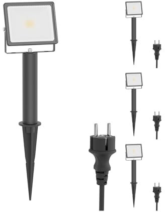 ledscom.de 4 Stück LED Gartenstrahler FLIN mit Erdspieß, 15cm Sockel & Stecker für außen, schwarz, Scheinwerfer, IP66 wasserfest, 837lm warmweiß
