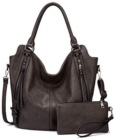 Realer Damen Handtaschen Groß Shopper Lederhandtasche Schultertasche Umhängetasche Geldbörse Hobo Damen Taschen Set für Büro Schule Einkauf Reise 2pcs Grau Braun
