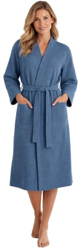 Morgenstern Bademantel Damen Leicht 100% Baumwolle OEKO-TEX® Waffelstoff Waffelpique Waffelmuster Paula Blau S