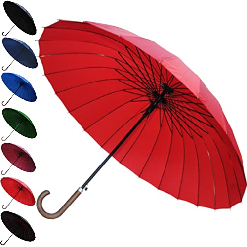 COLLAR AND CUFFS LONDON - Windproof 24 Rib Umbrella for Super-Strength - 60mph Extra Strong - Triple Layer Reinforced Frame with Fiberglass - Wood Hook Handle - Candy Red Automatic Golf - Mens Womens