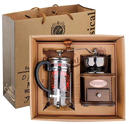 ANUFER Vintage Manual Coffee Bean Grinder French Press Hand Crank Coffee Maker Set