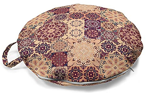 ABAKUHAUS marokkanisch Rundes Bodenkissen mit Griff, Aufwändige Keramikfliesen, dekoratives Kissen für Wohnzimmer & Schlafsäle, 45 cm, Blasses Orange Dunkelblau