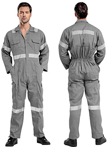 ProMaxFit Men's Long Sleeves Coverall Boiler Suit for Workshop Mechanics - Gray Color, 9 Sizes - Overall Cotton Blend Jumpsuit for Painters, gardeners, Welders and builders.