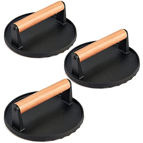 3Pcs Grill Press, Leonyo 7 Inch Round Cast Iron Burger Press, Heavy Duty Smash Burger Kit for Griddle Grill, Hamburger, Meat, Steak, Patty, Panini, Barbecue, Nonstick Pan