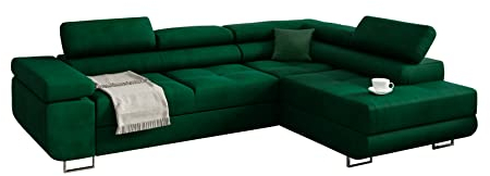 Möbel48 Ecksofa Miami mit Schlaffunktion, Big Sofa, Ecksofa mit Bettkästen (Rechte Ottomane, Gute Qualität des Stoffes) (Green), 272 x 203