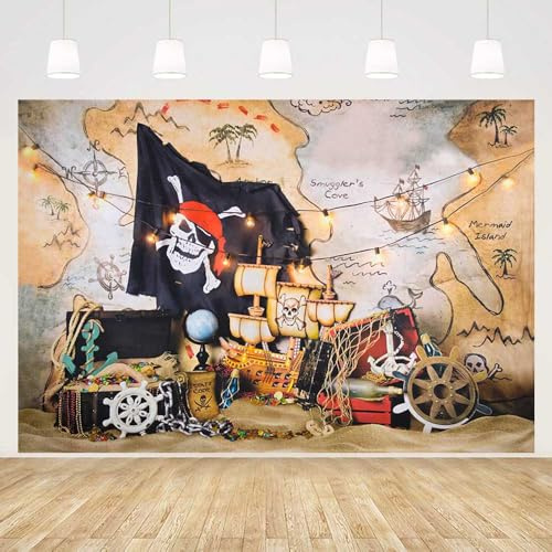 MEHOFOND 2,1 x 1,5 m Piraten Schädel Insel Schatz Karte Hintergrund für Fotografie Bilder Meer Abenteuer Junge Porträt Foto Hintergrund Kinder Geburtstag Party Dekoration Kuchen Tisch Banner