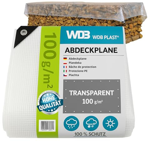WDB - Bâche de Protection Exterieur 100g pour Sol Camping, Piscine et Pergola avec Œillets Métalliques - Transparente 5 x 6 m