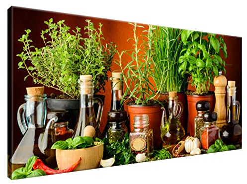 Estika Leinwand bilder - Olivenöl mit frischen Kräutern - 115x55 cm, 1 teilige kunstdruck - Wandbilder wohnzimmer, schlafzimmer, Moderne wanddeko, Bild auf leinwand - Küche bilder - 2054A_1AE