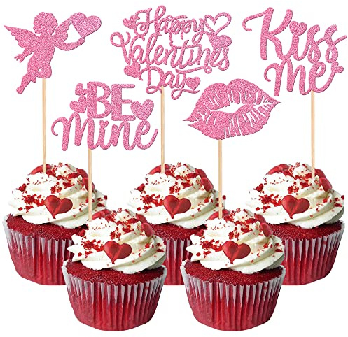 Xsstarmi 30 Stück Happy Valentine's Day Cupcake Topper Glitzer Amor Love Herz Lippe Kiss Me Cupcake Picks Be Mine Kuchendekorationen für Valentinstag Hochzeit Jahrestag Party Supplies Rosa