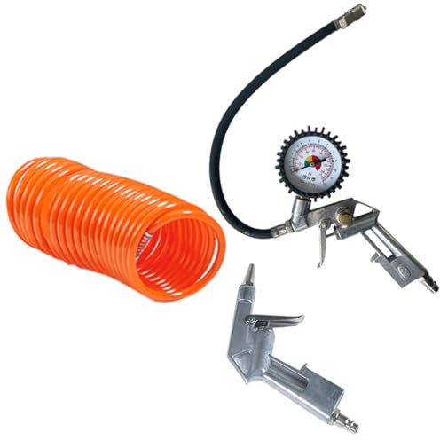 Starkwerk Druckluftset 3-teilig – Reifenfüllmesser mit Manometer, Ausblaspistole & 5m Spiralschlauch – Profi Druckluft Zubehör für Werkstatt, Auto & Garage
