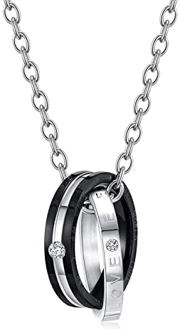 Stfery Herren Kette Vintage, Männer Kette Edelstahl Halskette Silber Doppelring mit Zirkonia 60cm + 5cm Schmuck Geschenk für Freund