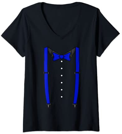 Damen Blaue Fliege Hosenträger Kummerbund Smoking Fliege T-Shirt mit V-Ausschnitt