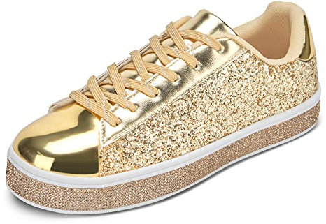 UUBARIS Sneakers da tennis da donna con glitter neon elegante scintillante scarpe da sposa con strass Bling scarpe da sposa lucido paillettes scarpe, Glitter dorato, 36 EU