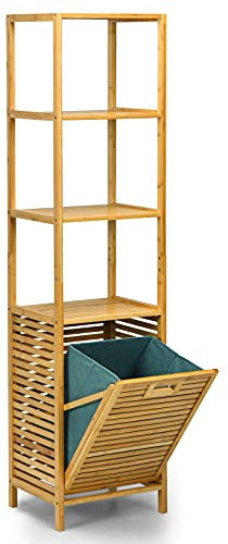 Multigot Tilt-out Laundry Hamper, 2/3 Tier Laundry Organizer Shelf with Pull-Out Bag & Open Shelves, Freestanding Bamboo Storage Cabinet Dirty Clothes Basket for Bathroom Bedroom (3-Tier Shelf)