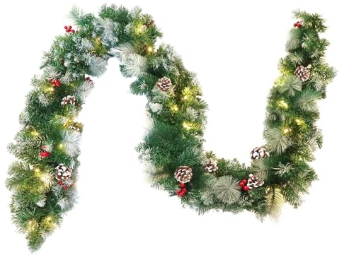 Aufun Weihnachtsgirlande 8m künstlich mit Beleuchtung Deko, Tannengirlande mit Rote Beere Schneeflocke 125 LEDs Warmweiß 8 Modus Lichterketten, für Haus Treppen Kamin Haustür Innen Außen