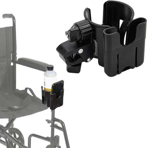 Getränkehalter für Rollstuhl, Roller, Rollator, 2-in-1 Wasser-/Getränkeflaschenhalter und Handy-Halterung, verstellbar, 1 Stück (Schwarz-B)