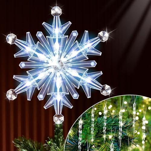 Simgoing 13 Pcs Christmas LED Light Snowflake Tree Topper Lighted Xmas Treetop with Hanging Crystal Icicle Snowflake Christmas Tree Ornaments,Christmas Tree Decorations Supplies (White)