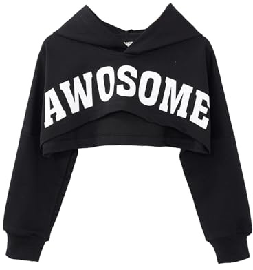 Jugaoge Flicka skuren topp huvtröja kort magfri sweatshirt sport huvtröja lös passform dansskjorta hip hop street dans-toppar streetwear, svart, 134/140 cm