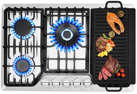 30 Inch Bulit-In Gas Cooktop with Griddle, 5 Italy SABAF Powerful Burners Over 92% High Efficiency, Max 48300BTU Gas Stove Top, 304 Stainless Steel Panel, NG/LPG Convertible, CSA Certified