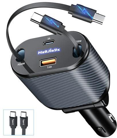 MAGJIEYX Retractable Car Charger, 80W Cigarette Lighter USB Adapter Fast Charging with Dual Type-C Cables & USB-C/USB-A Port for iPhone 16 15 14 13 12Pro Max Plus iPad AirPods Galaxy Car Accessories