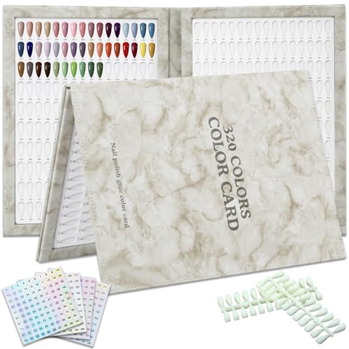 C12rtive Nail Pattern Book with 320 Colours, Leather Nail Color Display Book with 480 Nail Tips and 1-400 Number Stickers, Professional Nail Color Chart for Nail Polish, Nails, Art Design (Grey)