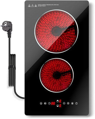 Nardea Placa Vitroceramica 2 Fuegos 30cm, 3000W Placas Cocina Construido con Enchufe, Placa Vitrocerámica con 9 Posiciones de Calor, Bloqueo de Seguridad, Cronómetro, Mandos Táctiles