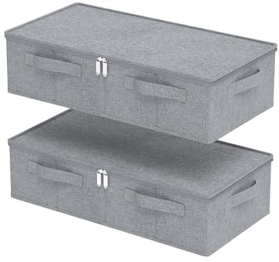 ENUMAIL Unterbett Aufbewahrungsbox aus Leinen, Faltbare Tasche für Bettlaken mit Deckel, Unterbettbox Organizer mit Reißverschluss für Kissen Kleidung Decken Bettdecken, 60×30×15cm, Grau, 2 Stück