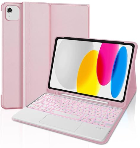 WINCHKING Tastatur Hülle Für iPad A16 11/10 Generation 2025/2022 (11/10.9 Zoll), Hülle Mit Tastatur Für iPad 11/10 Generation, 7 Farben Beleuchtung, Bluetooth Magnetisch QWERTZ Layout, Rosa-Trackpad