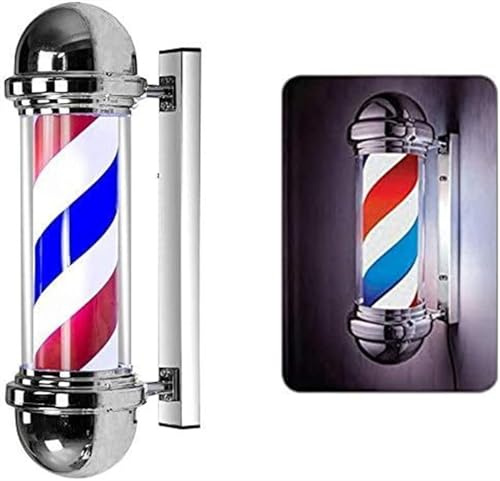 Poste Barbero Giratorio Barber Pole Letrero giratorio de barbería con luz de globo brillante, para salón de belleza, barbería, barbería, letrero abierto, tiras rojas, blancas y azules, lámpara para m