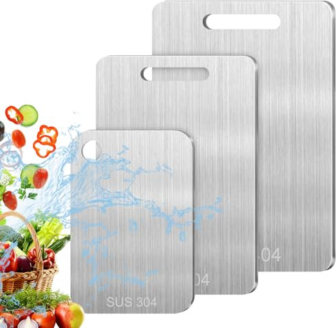 3 Pièces Planche à Découper Inox, Planche à Découper Double Face en Métal de Qualité Alimentaire, Planche À Découper Antiadhésive En Acier Inoxydable (39 * 27cm+34 * 23cm+25 * 15cm)