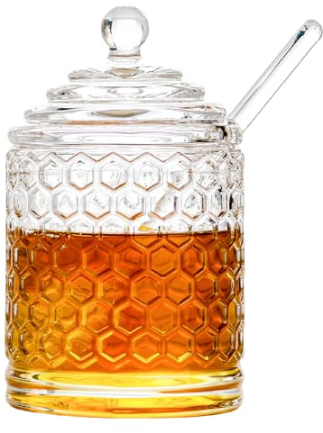 Iyulania Glass Honey Jar with Lid and Dipper, Honeycomb-Inspired Design Container, Heavy Honey Pot for Home Kitchen (10 oz)