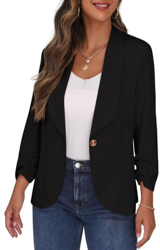 PrinStory Blazer For Women Lapel Collar 3/4 Ruched Sleeves Suit Jacket One Button Cardigan Cropped Blazer Office Casual Wear