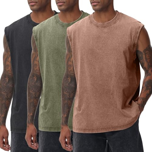 SnowElve 3 Pack Mens Workout Tank Tops Sleeveless Tee Shirts Men Muscle Shirt Gym Acid Wash T Shirts Running Beach Loose Fit Tee(BKAGCF,L)